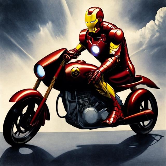 Prompt: iron man  riding a futurist moto