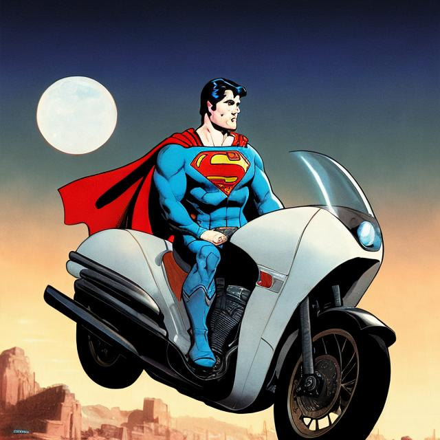 Prompt: superman riding a futurist moto in year 2100 in the pale moonlight