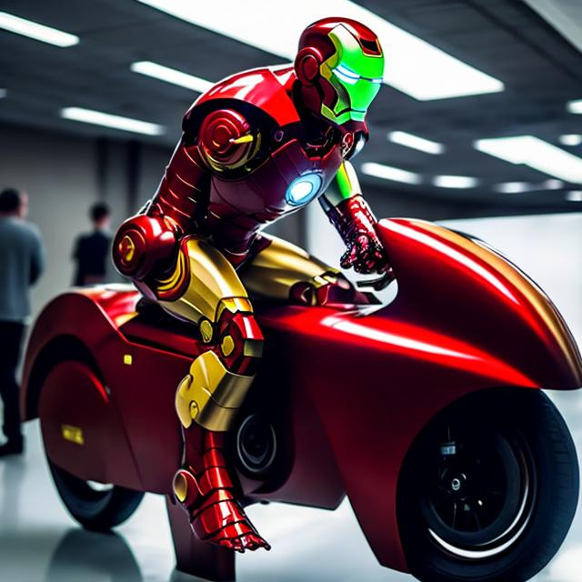 Prompt: iron man costume riding a futurist moto