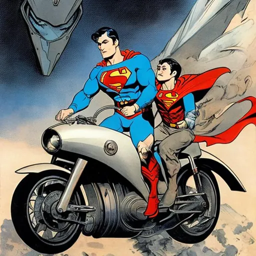 Prompt: superman riding a futurist moto in year 2100