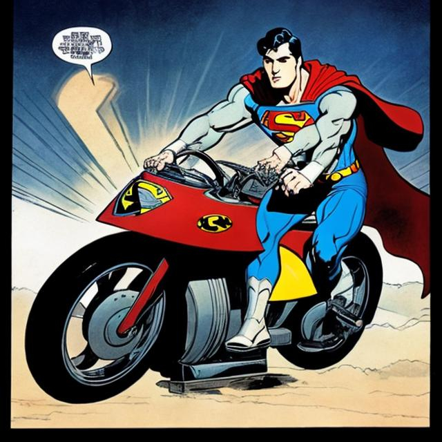 Prompt: superman riding a futurist moto in year 2100