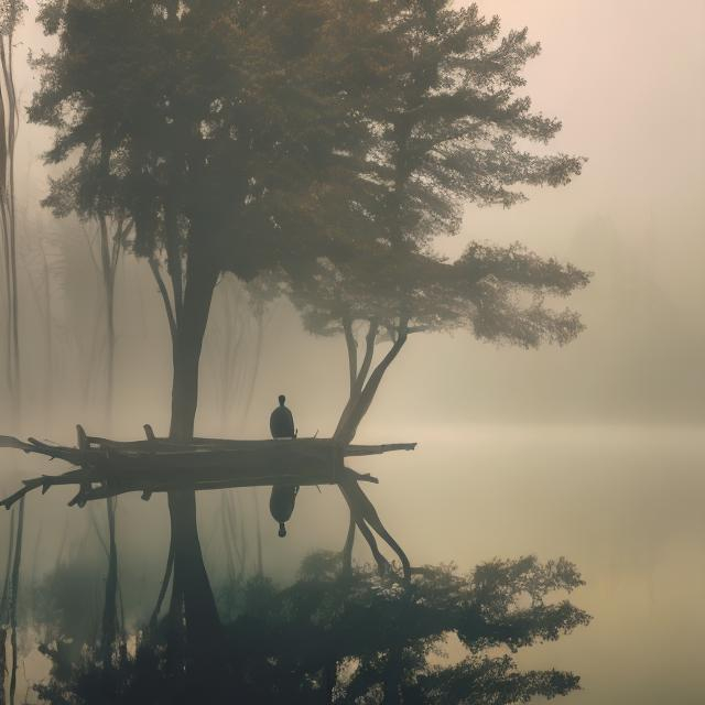 Prompt: Lonely man at lake, oil painting, misty morning, high quality, realistic, serene atmosphere, detailed expression, calm waters, foggy backdrop, contemplative mood, peaceful solitude, soothing color palette, soft natural lighting