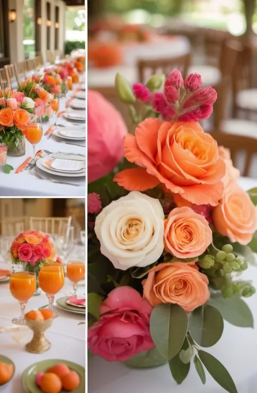 Prompt: breakfast wedding reception with elegant setup, bright orange, hot pink, olive green and coral orange colors, table arrangements, natural lighting, outdoors. include color palette