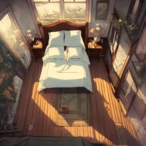 Prompt: pov from above of a bedroom by demizu posuka

