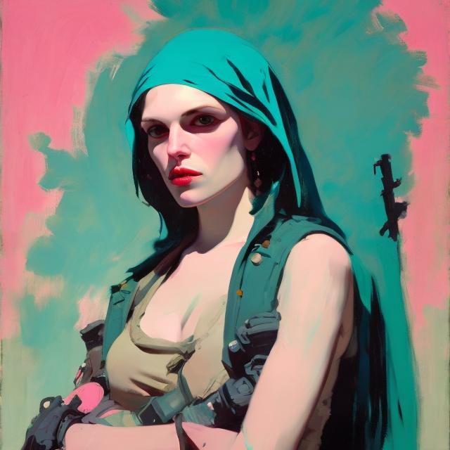 Prompt: tank girl posing like virgin mary  painting by malcolm liepke pink and turquoise colors