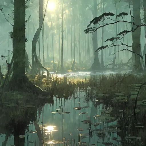 Prompt: isolated swamp by demizu posuka

