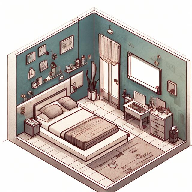 Prompt: isometric bedroom design sketch by demizu posuka cozy aesthetic