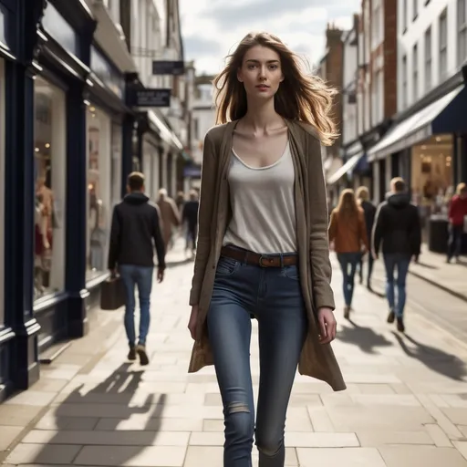 Prompt: Tall young woman walking down the high street, detailed clothing, realistic, natural lighting