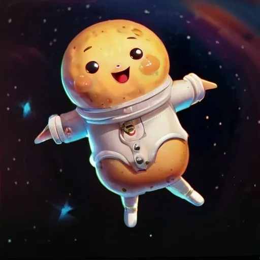 Prompt: Cute potato girl flying into space