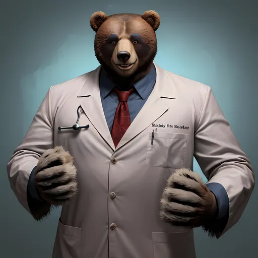 Prompt: Dr.Teddy is a bear/human fusion,with big evil smile ,he collects dead body's and perform surgeons on them to remove the organs