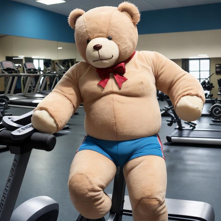 Prompt: Dr.Teddy bear goes to gym 