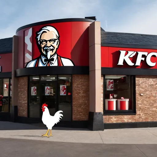 Prompt: A chicken is outside the front door of KFC