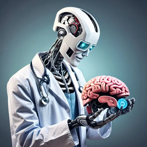 Prompt: create a image of a robot doctor holding human brain