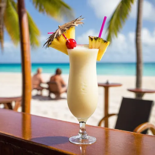 Prompt: pina colada cocktail on a beach bar