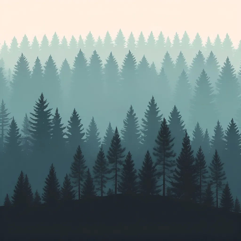 Prompt: "Silhouette of pine trees with the same arrangement and composition as the original image. Replace the color palette with soft, harmonious shades sin magenta. The background should shift to a subtle gradient that complements the new colors, maintaining a clean and minimalist aesthetic. image needs to be horizontally repeatable"