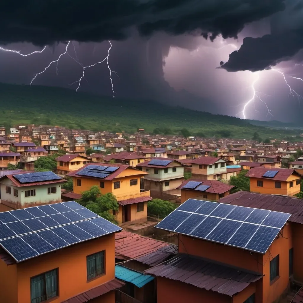 Prompt: small indian town with houses and solar panels on rooftop with lights on and a thunderstorm