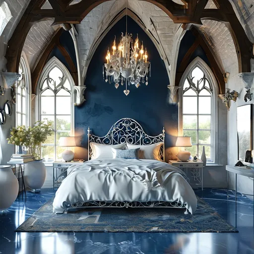 Prompt: Bright Gothic Bedroom with Blue and White Accents
The bedroom is an extravagant blend of Gothic design and modern luxury, with the floor covered in shimmering blue marble that reflects the soft light from the arched windows. The bed is framed in ornate white steel, its intricate patterns glistening against the deep blue wall behind it. Gothic lamps, made of white steel and designed with detailed carvings, cast a soft, bright glow over the room. The ceiling is high and vaulted, with a grand chandelier made of silver and white steel hanging above. Every element, from the furniture to the decor, is crafted with Gothic elegance, yet the bright colors give the room a striking and modern feel