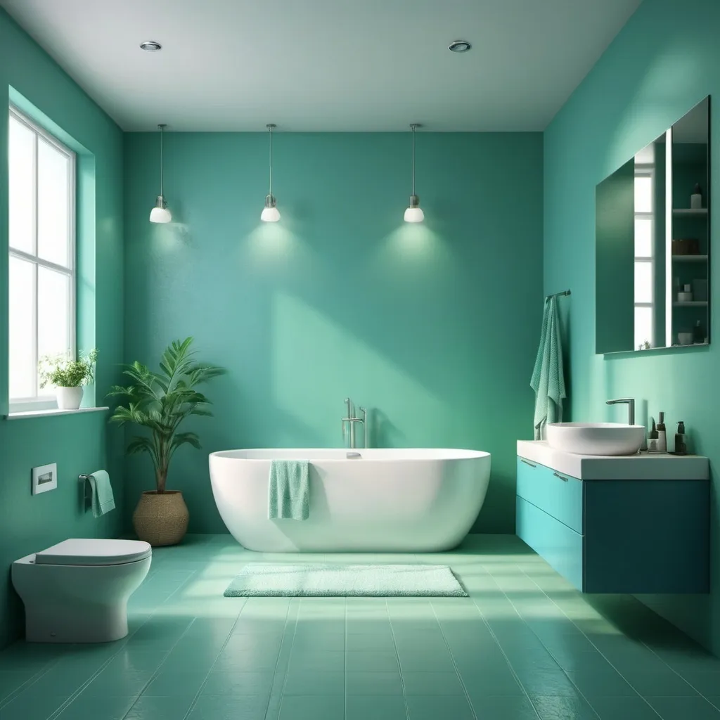 Prompt: realistic modern green and blue soft tone bathroom, bright light