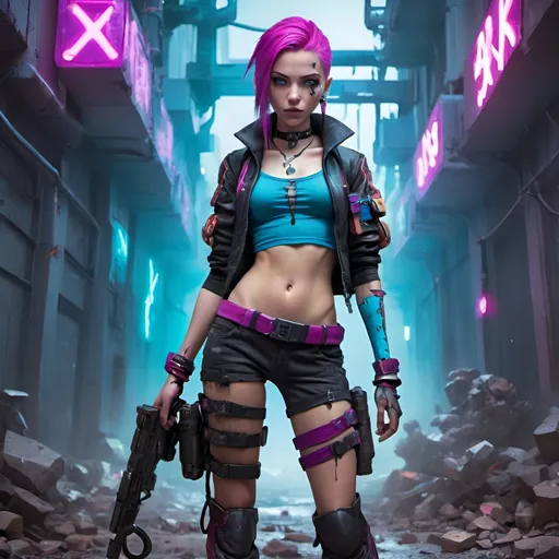 Prompt: Jinx, from arcane series, entire body, boots, young, vibrant colors, Childish, into war zone, high definition, Futuristic background