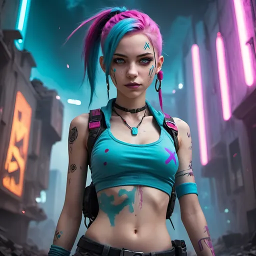 Prompt: Jinx, from arcane series, entire body, young, vibrant colors, Childish, into war zone, high definition, Futuristic background