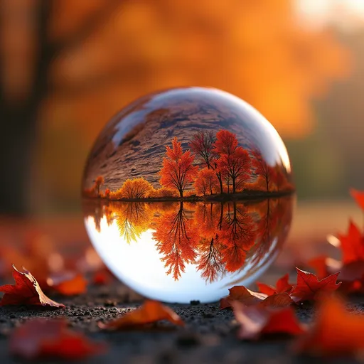 Prompt: photorealistic, close up of an (crystal ball), vibrant color scheme, reflection of (vibrant autumn scene) in the glass, (orange) and (red) autumn color palette, macro-photography, intricate details, sharp focus, natural lighting, (UHD resolution), vivid colors, immersive depth, captivating atmosphere, striking visual composition, serene and tranquil mood.