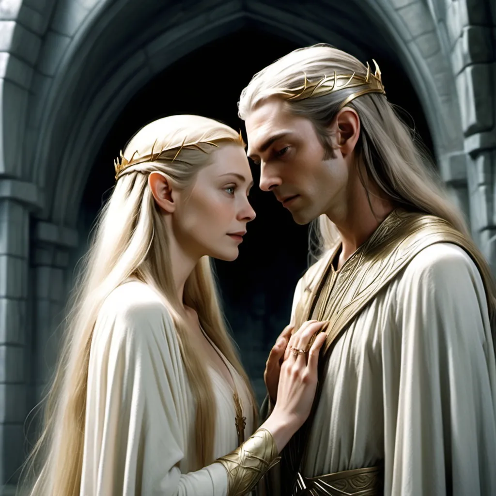 Prompt: Very tall [Galadriel and Celeborn] were, and the Lady no less tall than the Lord; and they were grave and beautiful. They were clad wholly in white; and the hair of the Lady was of deep gold… but no sign of age was upon them, unless it were in the depths of their eyes; for these were keen as lances in the starlight, and yet profound, the wells of deep memory.