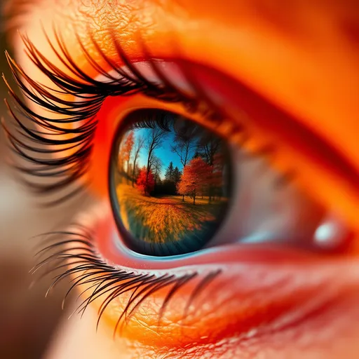 Prompt: (close-up side view of an eye), (surrealism style), vibrant colors, intricate details, reflection of trees in the eye, orange and red autumn color palette, macro-photography, natural lighting, sharp focus, UHD resolution, high depth, captivating and dreamlike ambiance, emphasizing the contrast between the eye and the colorful autumn scenery.