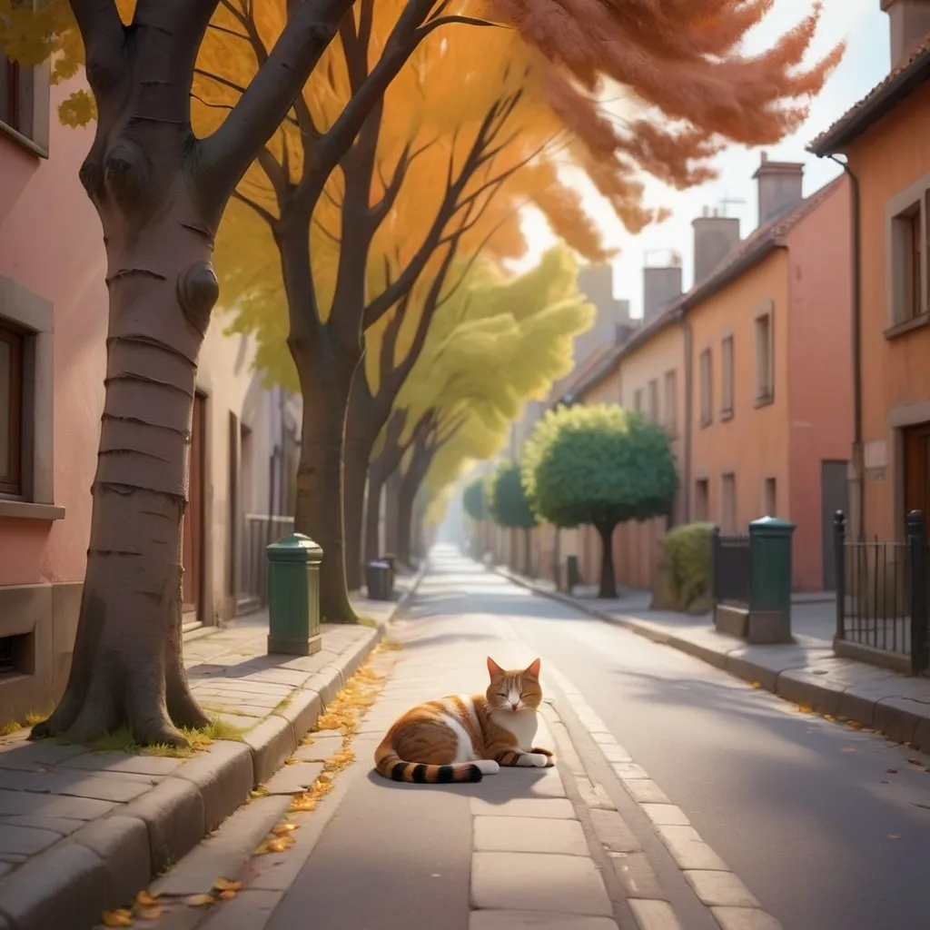 Prompt: picture for and old street with trees on both sides and a sleeping cat in the mid of the street , with winds effect and warm colors