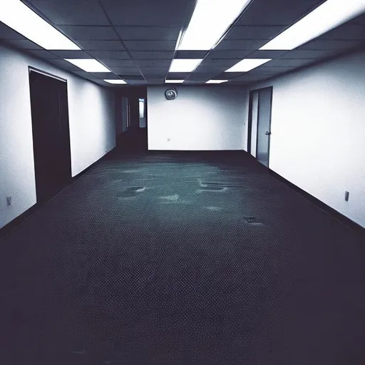 Prompt: Liminal space, the backrooms, office, abandoned, poor fluorescent lighting, security camera footage, low resolution ,kane pixels
