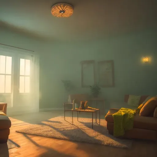 Prompt: Inside a house with fog in a living room