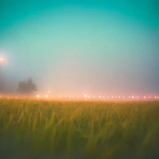 Prompt: in a empty grass field at night with fog