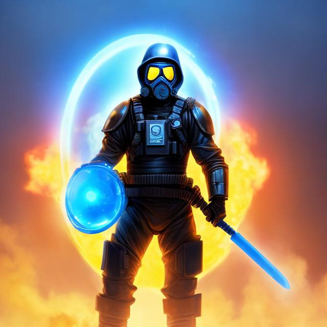 Prompt: Guy in a black hazmat suit and gas mask, holding a blue forcefield-like shield, High-res, High-quality