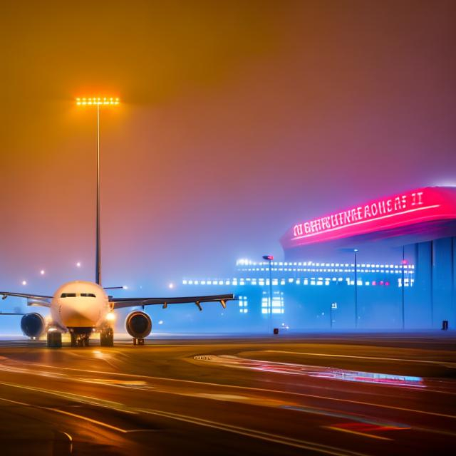 Prompt: At a airport, at night with fog