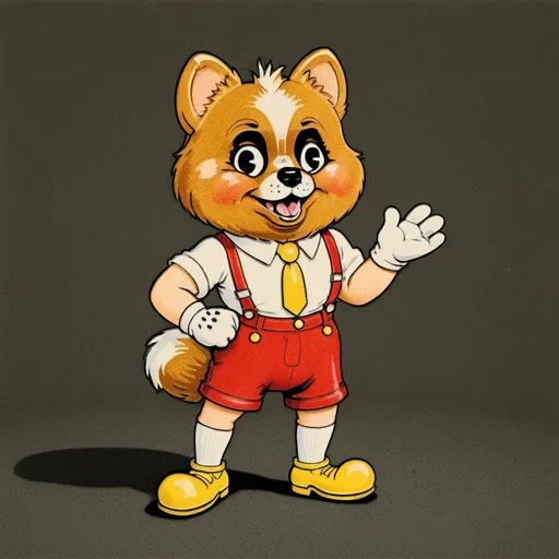 Prompt: 1930s rubberhose style illustration of the anthropomorphic pomeranian, wearing white gloves and red shorts with two gold buttons and yellow shoes