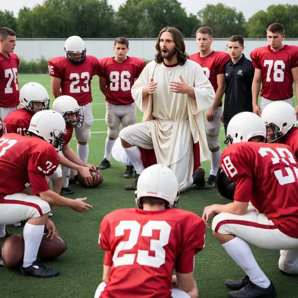 Prompt: Jesus coaching football team.  Team is all kneeling looking up at him