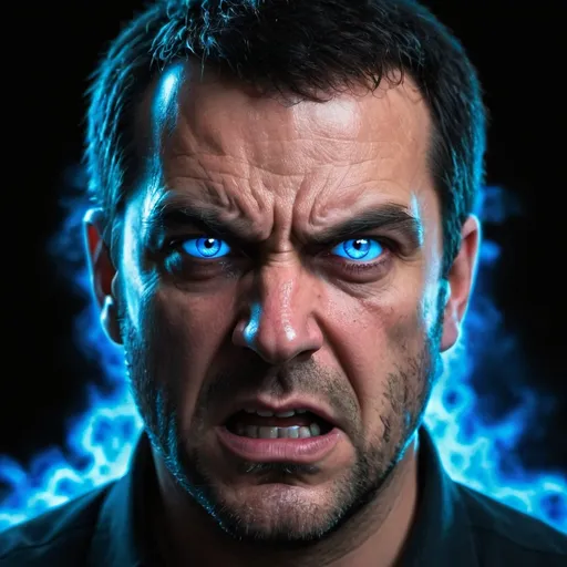Prompt: angry man with blue glowing eyes