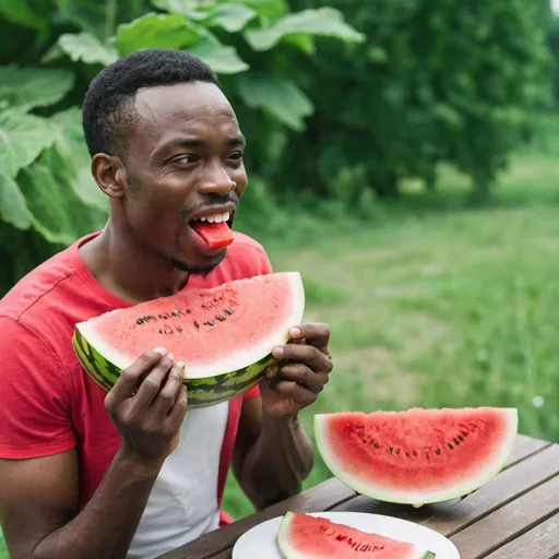 Prompt: 

African man eating watermelon and chicen


