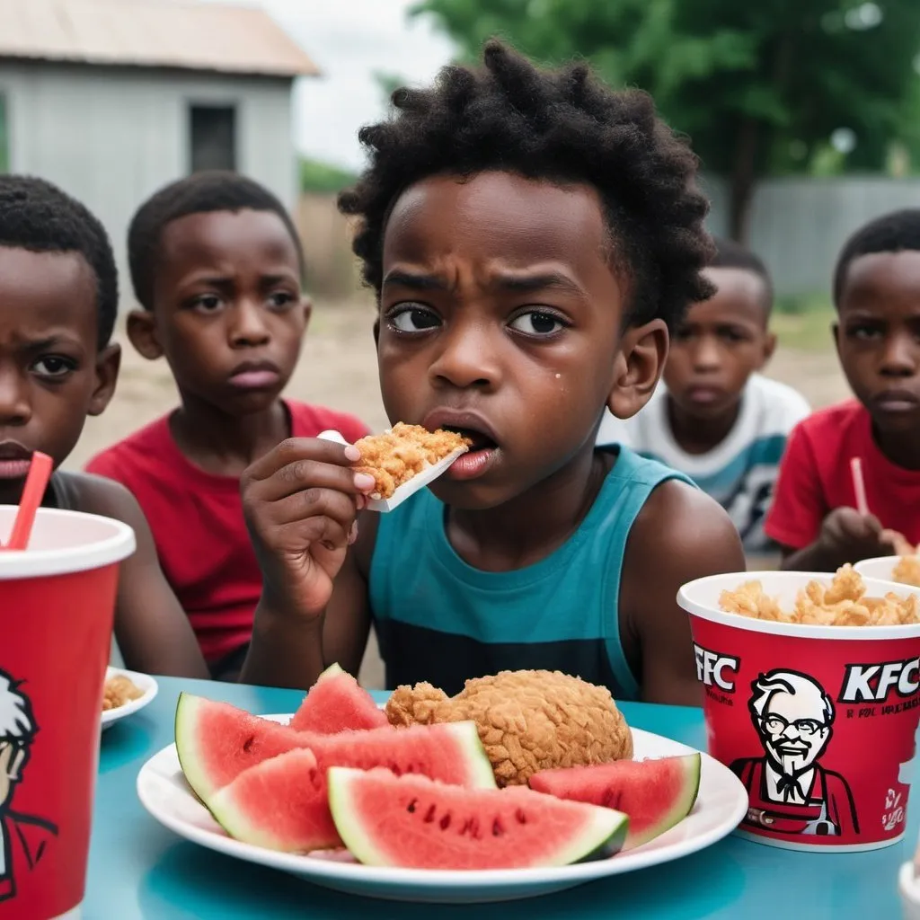 Prompt: black. starving. kid eating kfc and watermelon in a gang that is fighting in the background. and  the kid is staring intensely at the screen