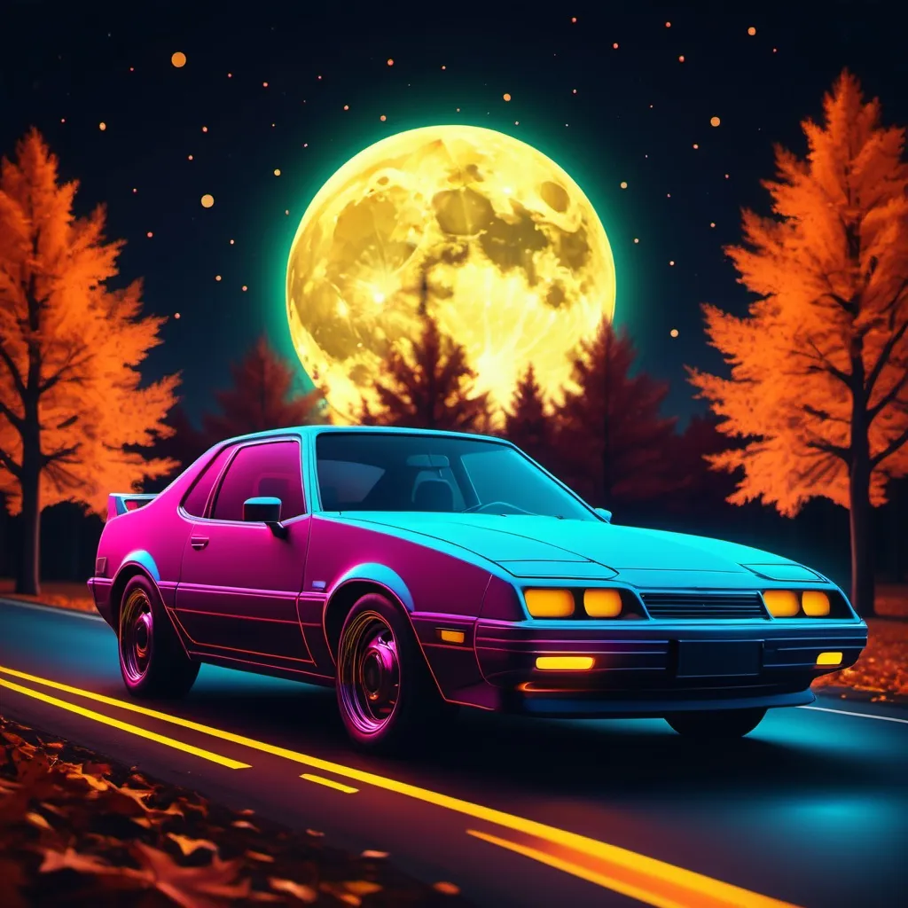 Prompt: fast neon car outline of car driving in fall at night with stars and full moon