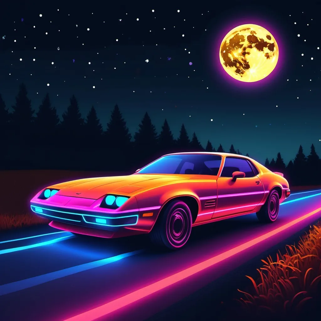 Prompt: fast neon car outline of car driving in fall at night with stars and full moon