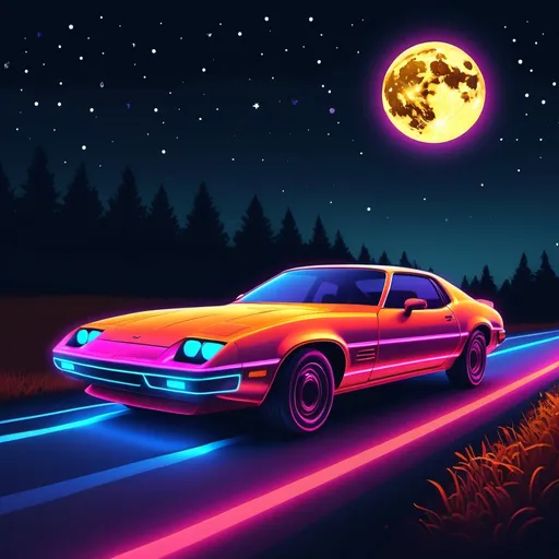 Prompt: fast neon car outline of car driving in fall at night with stars and full moon