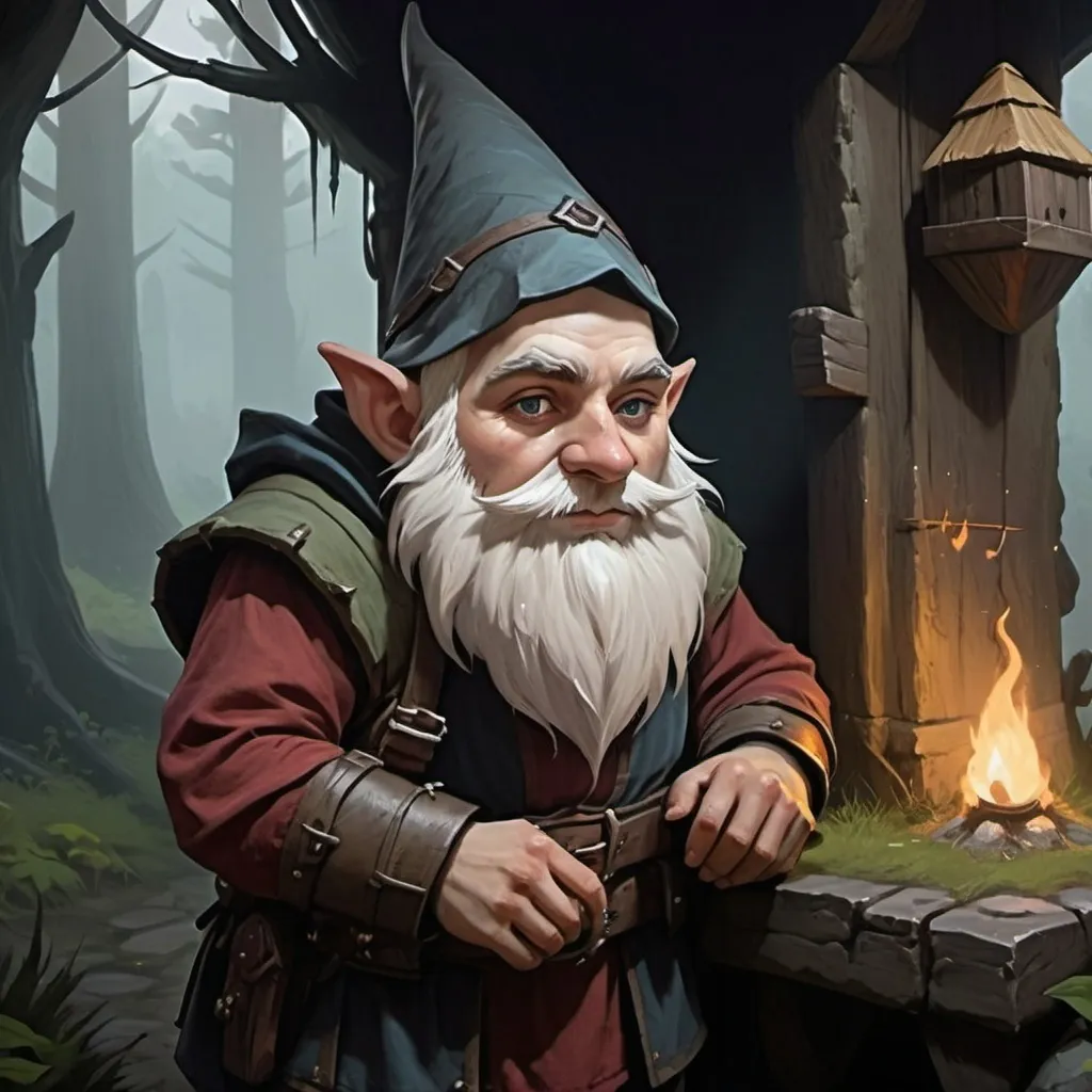 Prompt: Gnome village commoner, Dungeons and Dragons Character Art Style, Dark Fantasy Style, D&D character portrait, fantasy art, oil painting, Dark atmosphere