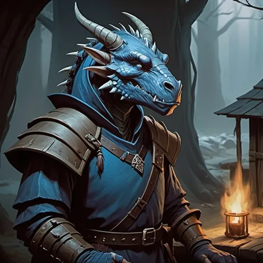 Prompt: blue Dragonborn village commoner, Dungeons and Dragons Character Art Style, Dark Fantasy Style, D&D character portrait, fantasy art, oil painting, Dark atmosphere