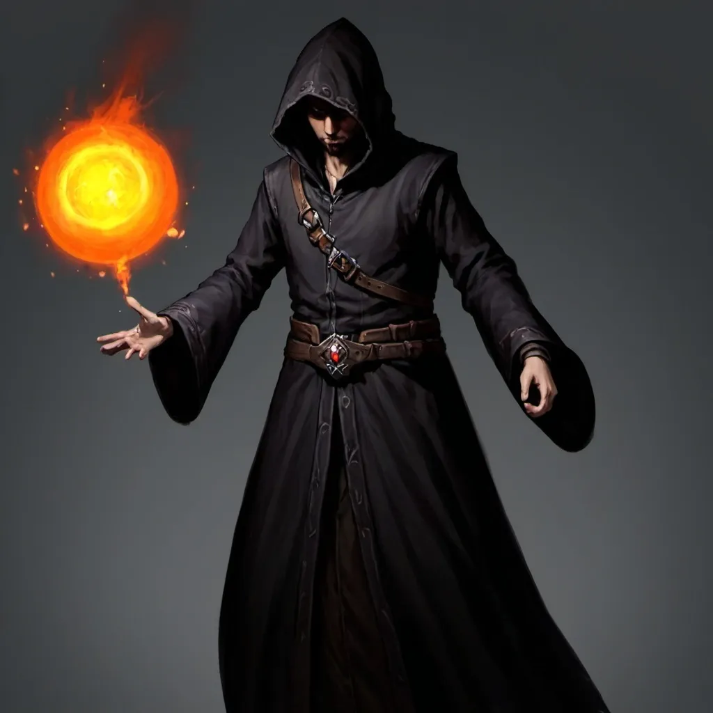 Prompt: Dnd, Mage, Dark Black Shadowy Clothing, face barely visible, with a large fireball in one hand