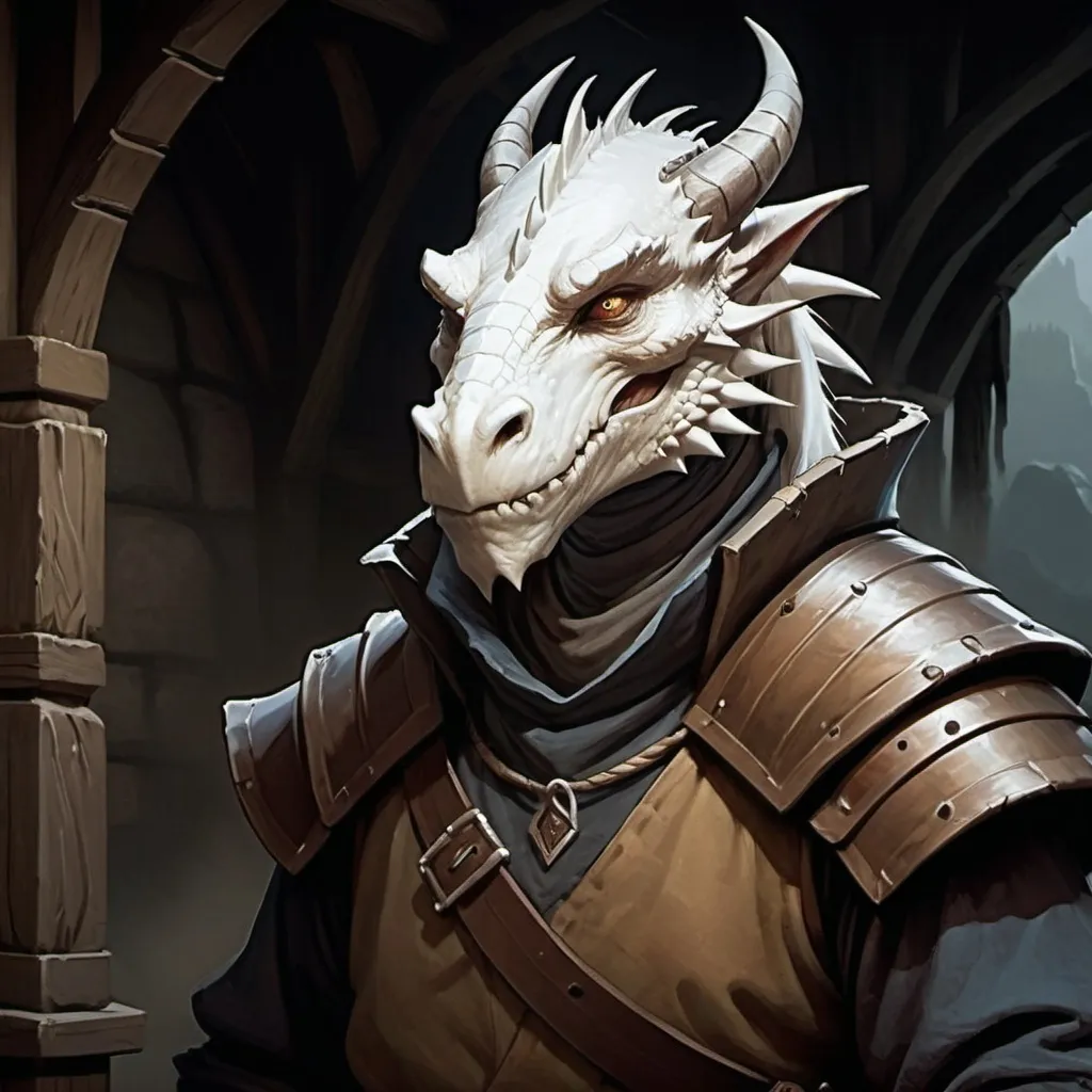 Prompt: White Dragonborn village commoner, Dungeons and Dragons Character Art Style, Dark Fantasy Style, D&D character portrait, fantasy art, oil painting, Dark atmosphere