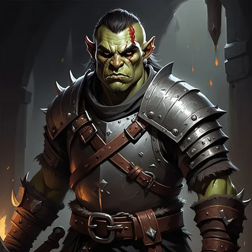 Prompt: Half-Orc Bandit Warrior, Plate armor, Greataxe, Dungeons and Dragons Character Art Style, Dark Fantasy Style, D&D character portrait, fantasy art, oil painting, Dark atmosphere