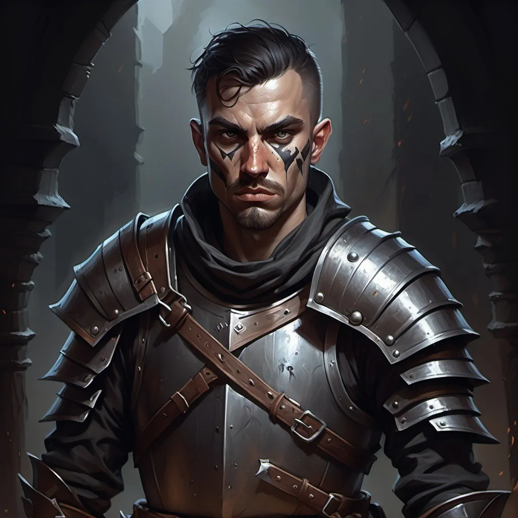 Prompt: Human Bandit Fighter, Breastplate armor, Greatsword, Dungeons and Dragons Character Art Style, Dark Fantasy Style, D&D character portrait, fantasy art, oil painting, Dark atmosphere