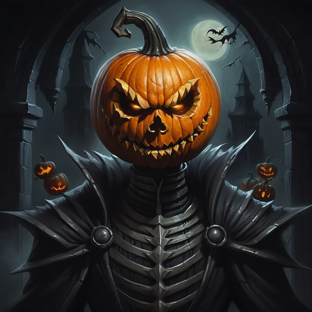 Prompt: Pumpkin King (Pumpkin Head), Dungeons and Dragons Character Art Style, Dark Fantasy Style, D&D character portrait, fantasy art, oil painting, Dark atmosphere