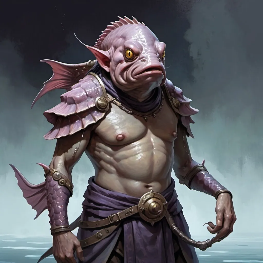 Prompt: Kuo-Tao (fish humanoid), Dungeons and Dragons Character Art Style, Dark Fantasy Style, D&D character portrait, fantasy art, oil painting, Dark atmosphere