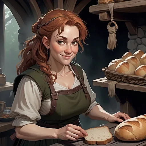 Prompt: dnd themed, Melda is a lively halfling woman in her early 40s, with curly auburn hair and a warm, welcoming smile. She wears simple, practical clothing suited to her work at the inn, with an apron constantly draped over her shoulder. The inn itself is cozy, with the scent of freshly baked bread often wafting through the air. Dungeons and Dragons Character Art Style, Dark Fantasy Style, D&D character portrait, fantasy art, oil painting, Dark atmosphere